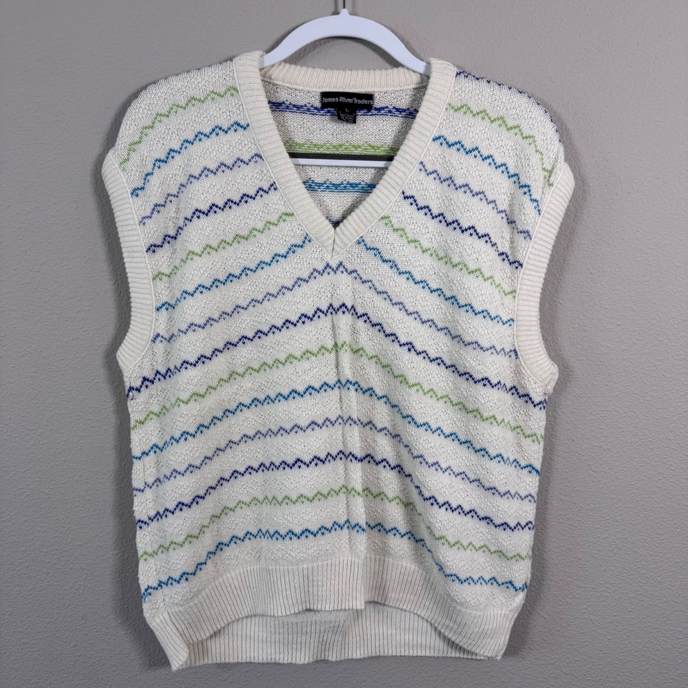 Vintage Knit V-Neck Sweater Vest Chevron Print 100% Cotton Grandpacore Preppy L